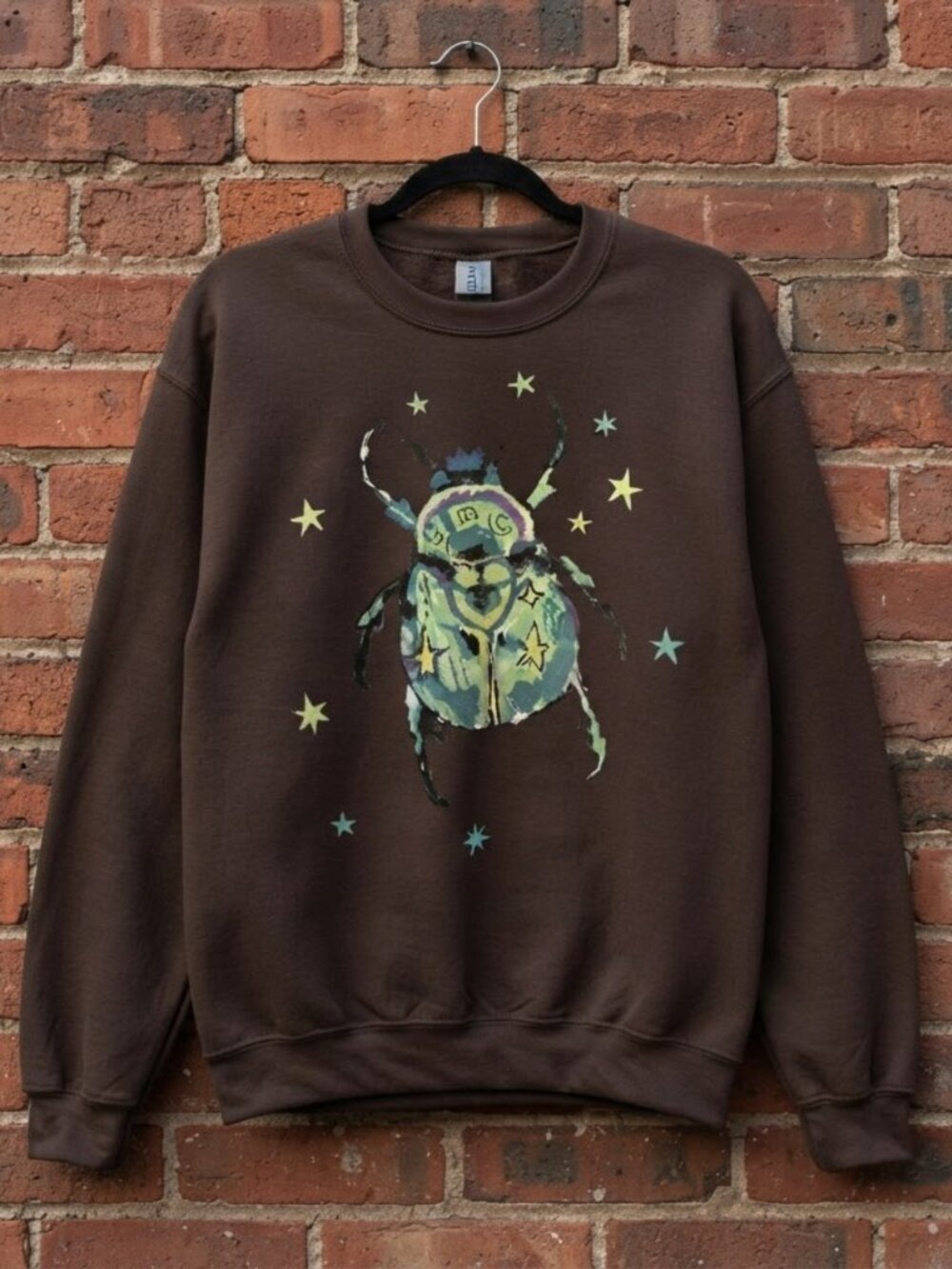 Gildan Dark Chocolate Colorful Beetle With Star Crewneck Graphic Sweatshirt